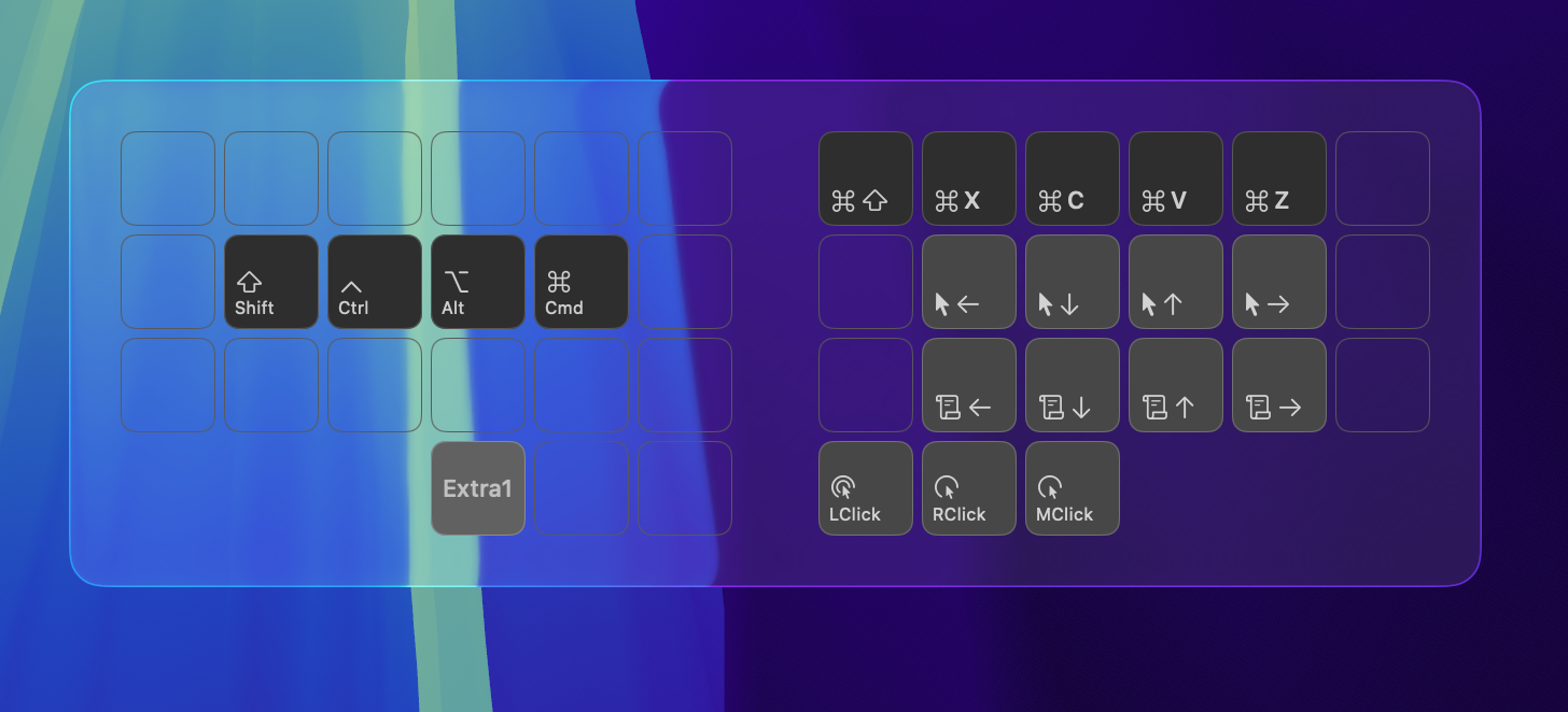 Keyboard Overlay in action showing a Corne split keyboard layout with modifier keys and shortcuts
